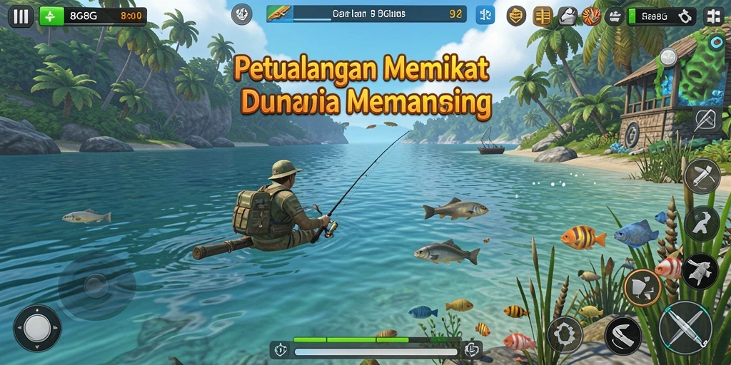 Tampilan utama gameplay 8G8G menampilkan pengalaman memancing yang seru.