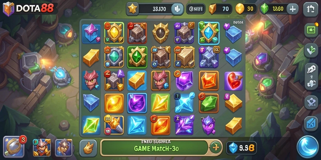 Screenshot gameplay DOTA88 dengan elemen Match-3 yang menarik.
