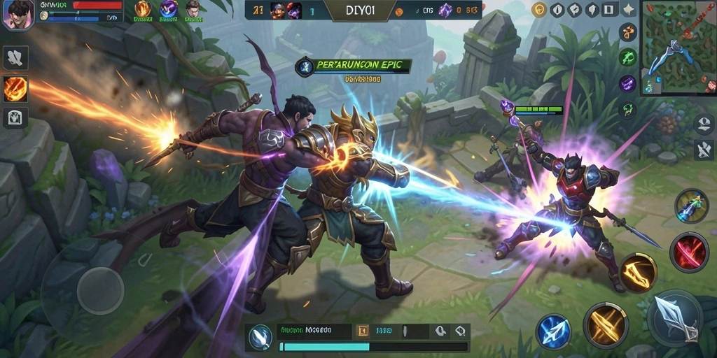 Tangkapan layar DY01 menampilkan aksi seru dalam pertempuran MOBA.