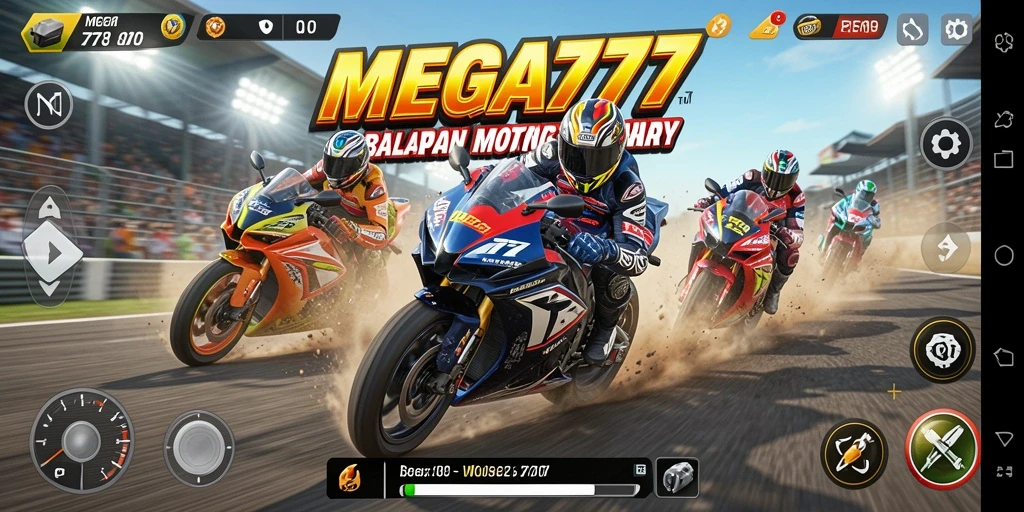 Screenshot gameplay MEGA777 dengan balapan motor yang mendebarkan.