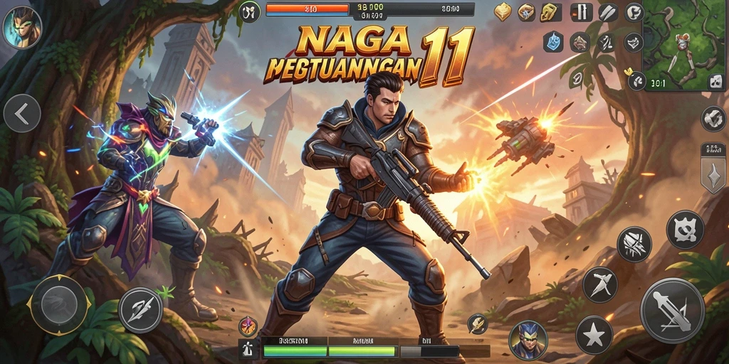Screenshot utama NAGA11 menampilkan aksi seru di tengah pertempuran.