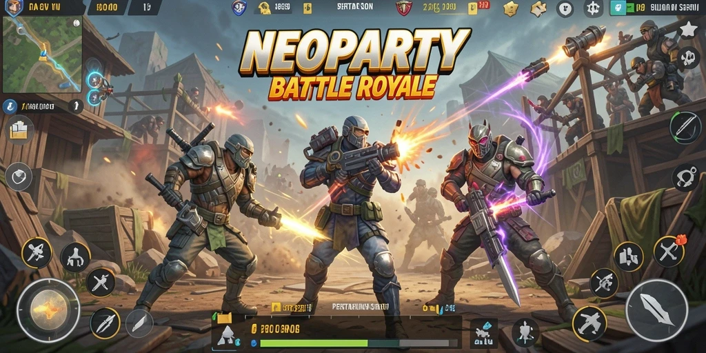 Screenshot gameplay NEOPARTY yang menunjukkan pertempuran intens dalam arena Battle Royale.
