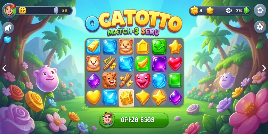 Screenshot gameplay OCATOTO dengan tampilan colorful match-3.
