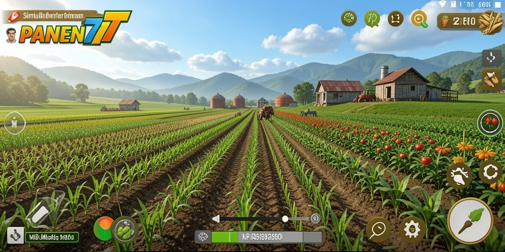 Screenshot gameplay PANEN77 menunjukkan lahan pertanian yang subur dan beragam tanaman.