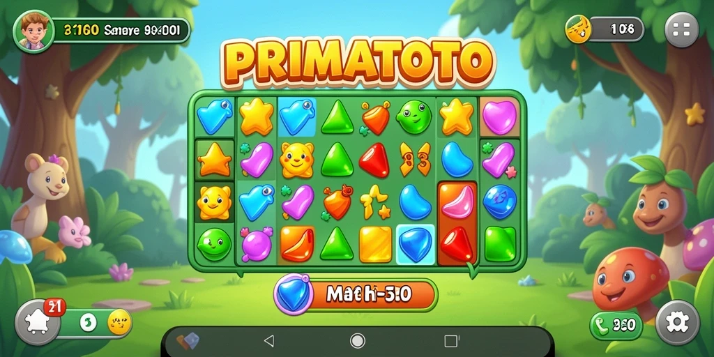 Tampilan gameplay PRIMATOTO yang penuh warna dalam aksi Match-3.