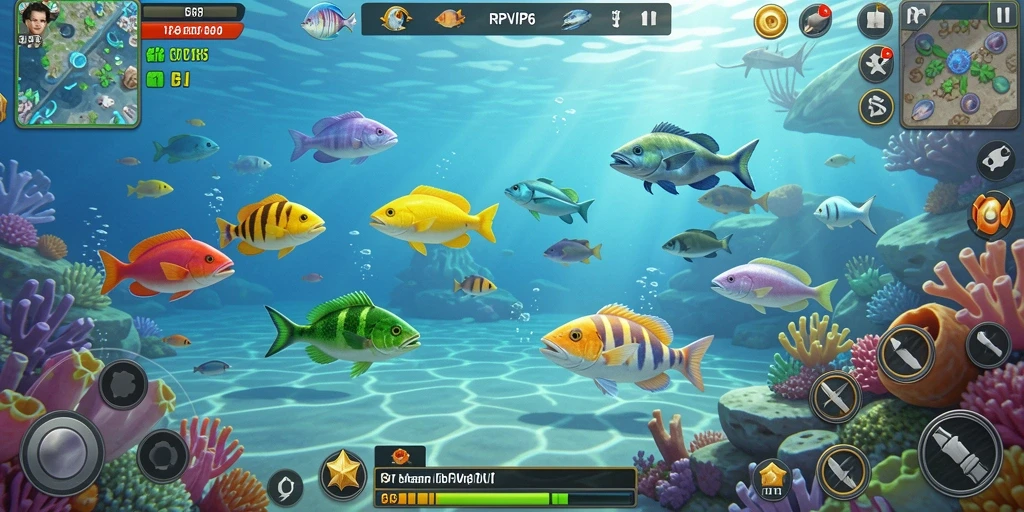 Screenshot utama RPVIP6 menampilkan aksi menembak ikan yang seru.